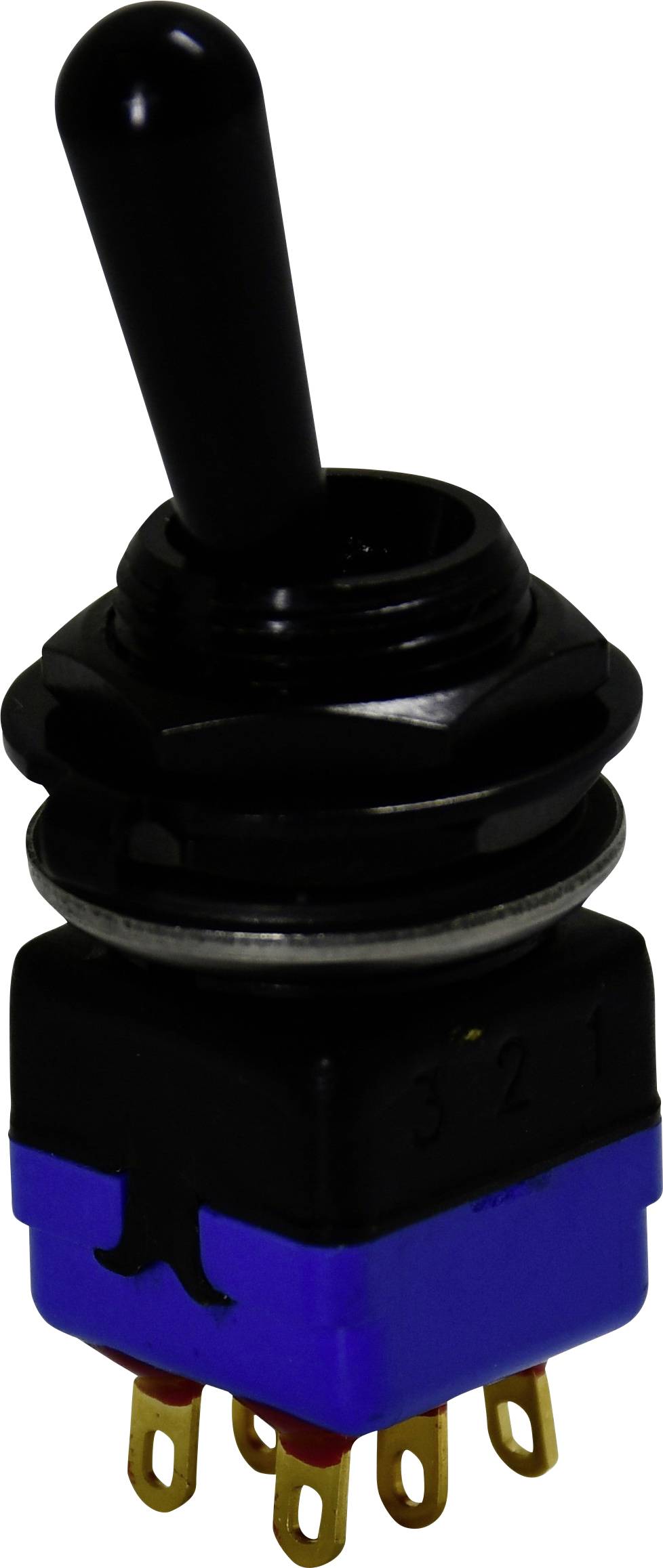 Ein schwarz-blauer Kippschalter mit goldenen Kontaktstiften, der zur Steuerung von Stromkreisen verwendet wird.