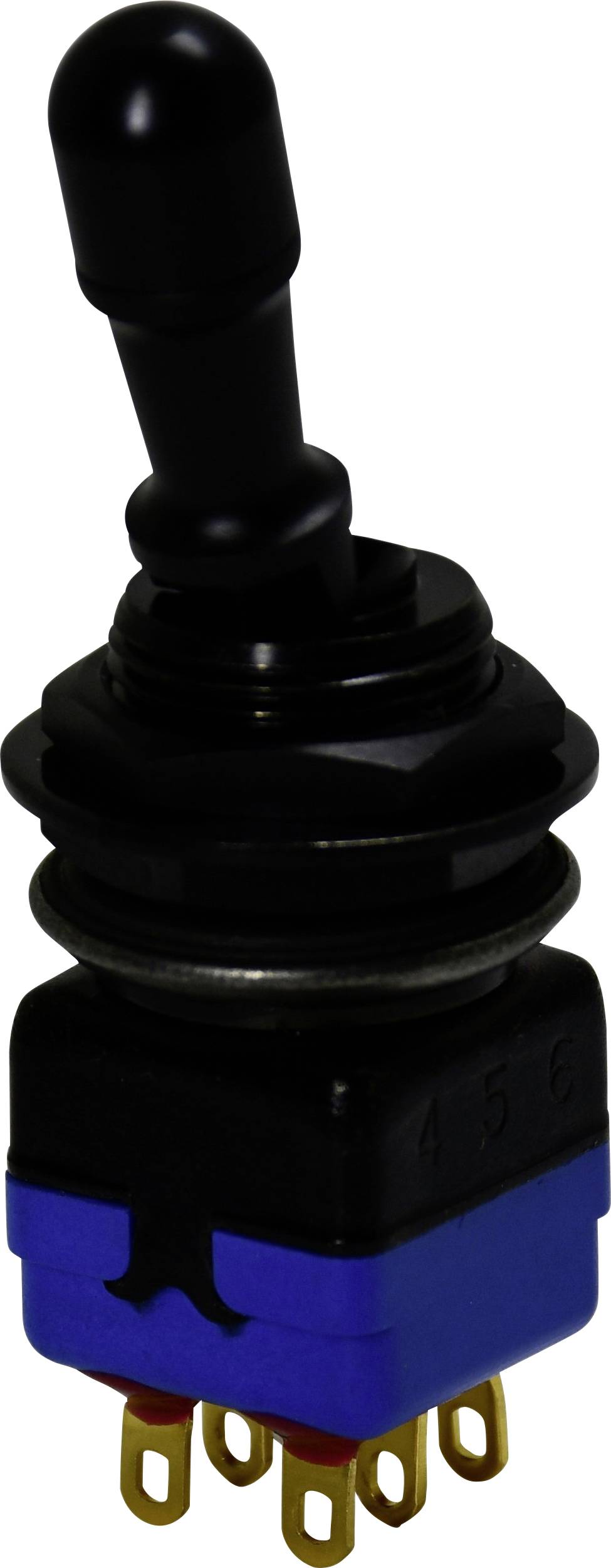 Ein schwarzer und blauer Kippschalter mit sechs goldenen Anschlüssen, der für elektronische Schaltungsverbindungen verwendet wird.