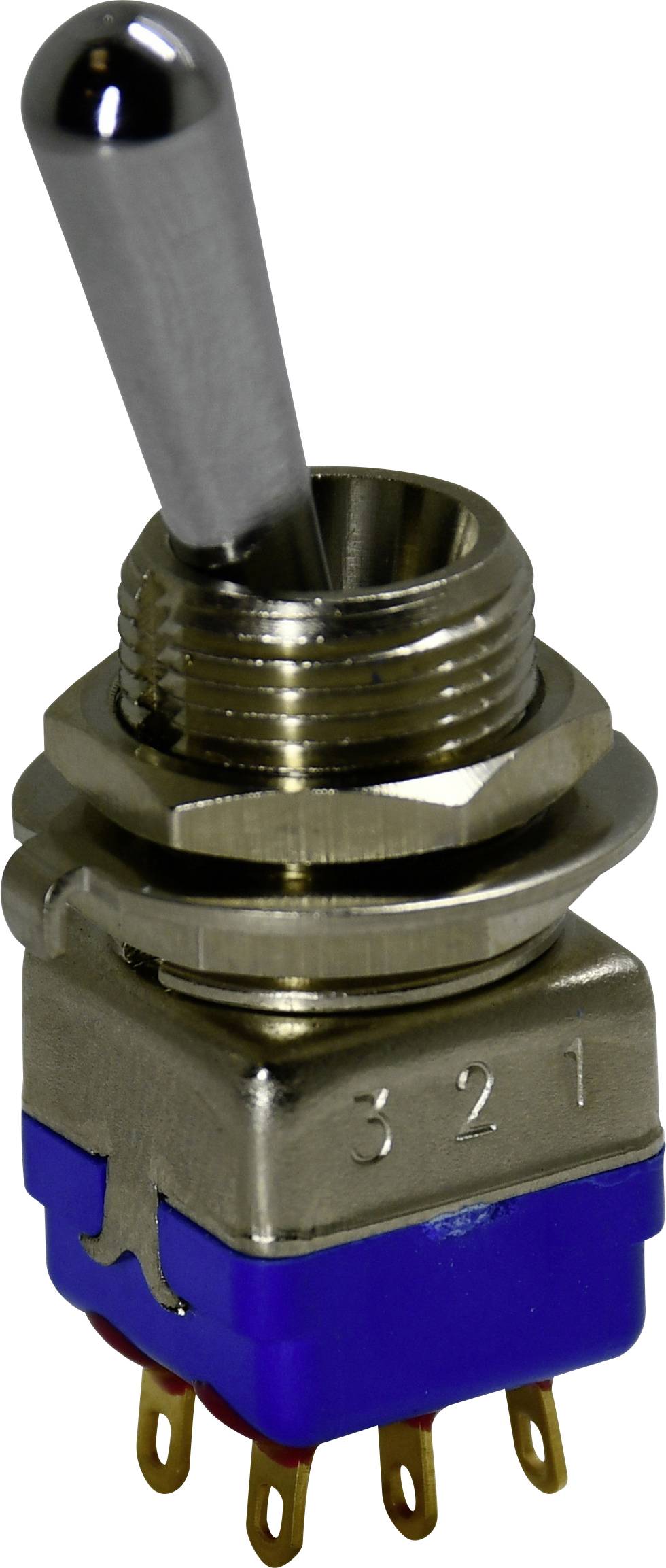 Ein Metalumschalter mit blauer Basis und drei nummerierten Anschlüssen „3 2 1