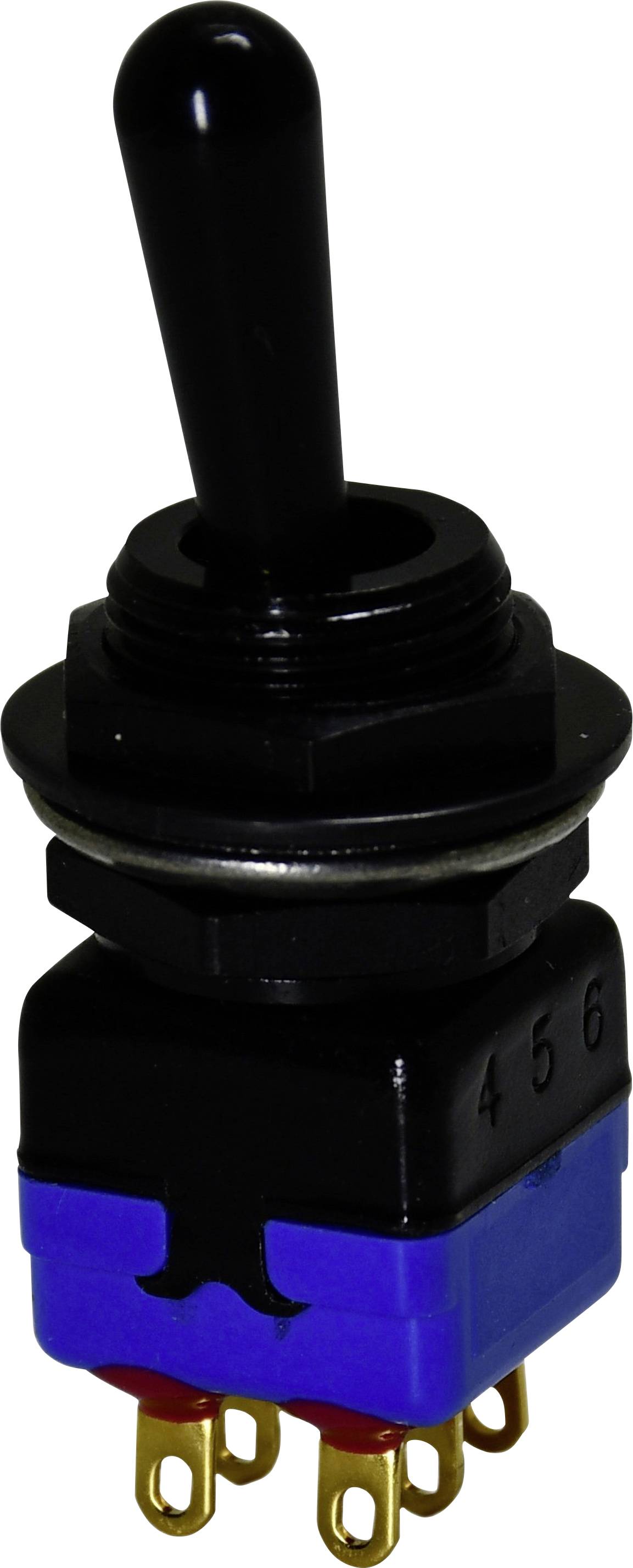 Ein schwarzer Kippschalter mit blauer Basis und sechs Metallstiften, nummeriert 4, 5 und 6 an der Seite, wird für elektrische Verbindungen verwendet.