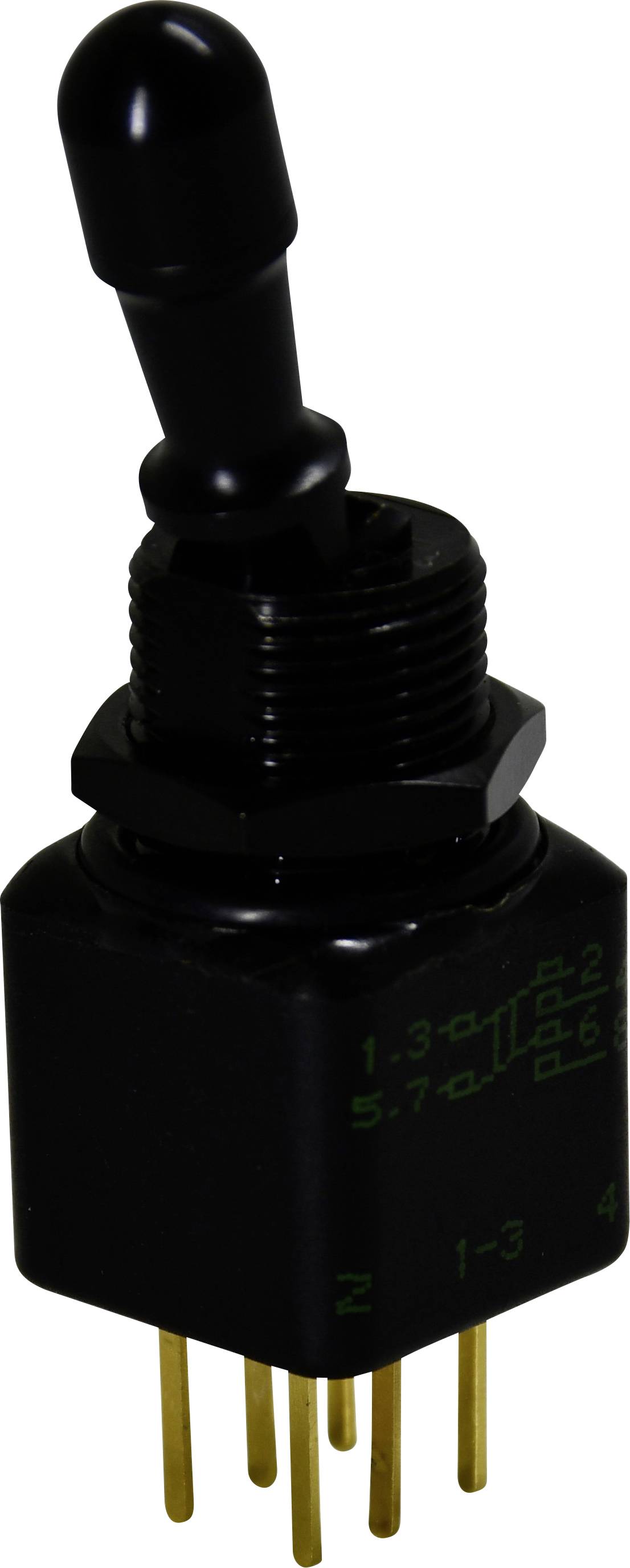 Ein schwarzer Kippschalter mit mehreren goldenen Stiften, gekennzeichnet mit Nummern und Schaltzeichen, die elektrische Verbindungen anzeigen.