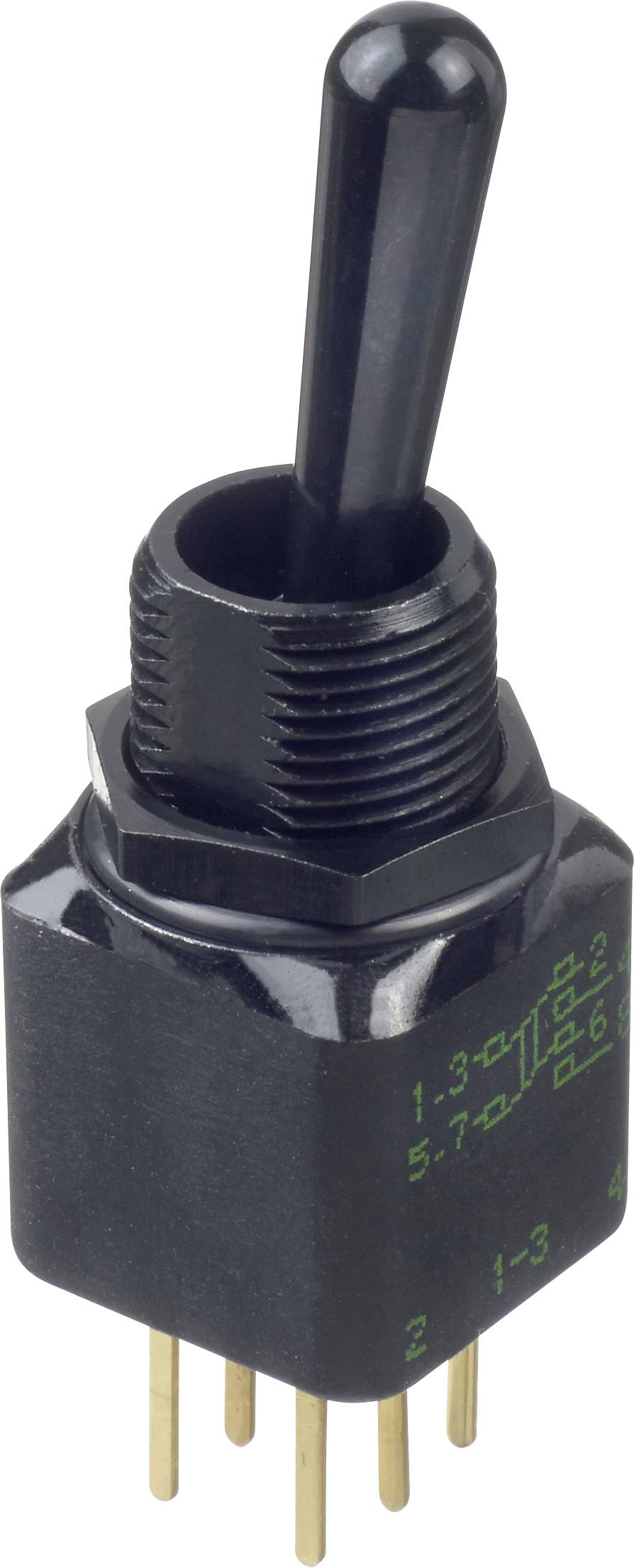 Ein schlanker schwarzer Kippschalter mit einem Metallhebel und vier sichtbaren Goldkontakten an der Basis, typischerweise für Stromkreise verwendet.