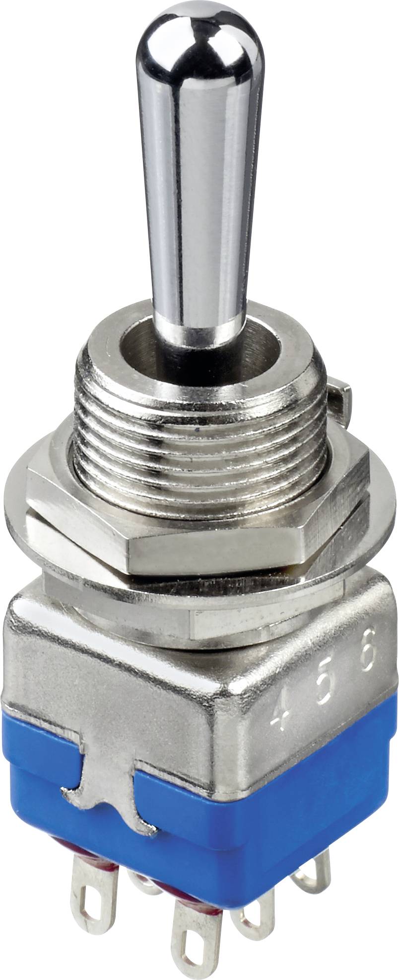 Ein einzelner Kippschalter mit einem Metallhebel und blauer Basis, mit vier Anschlussstiften auf der Unterseite.