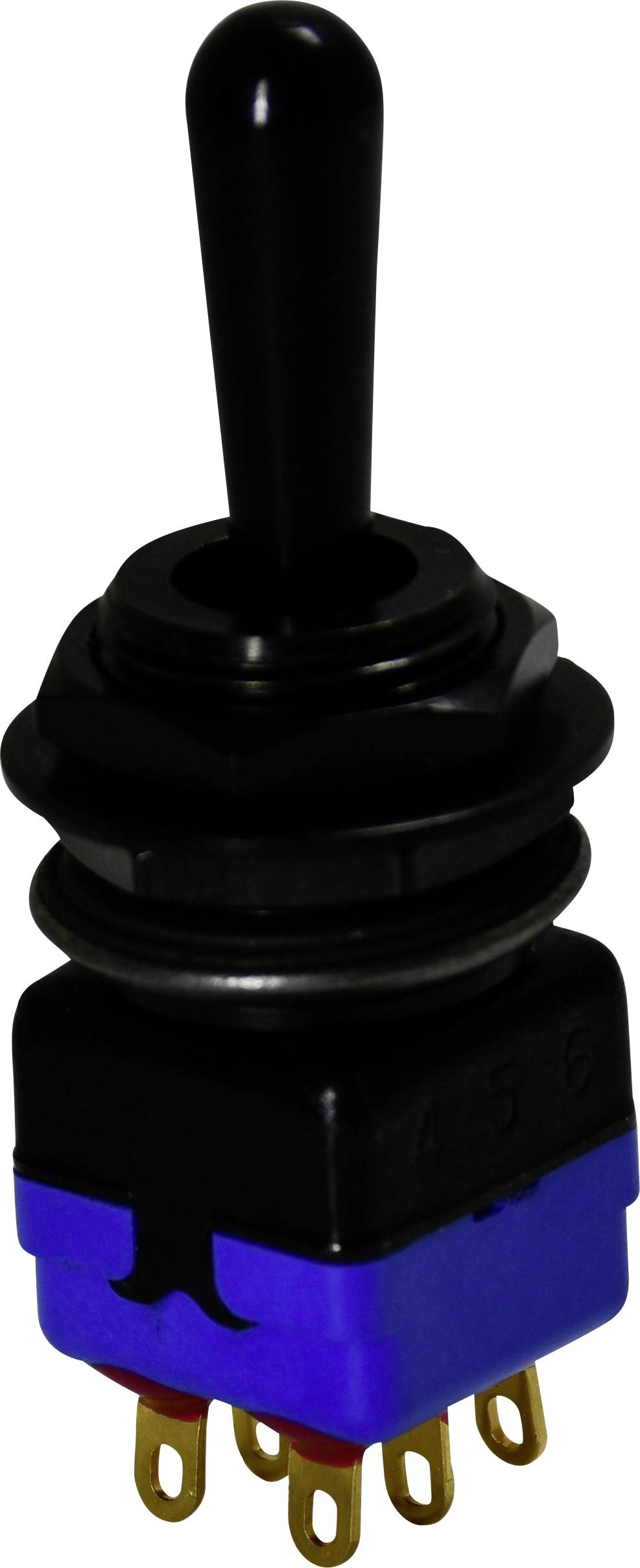 Ein schwarzer Kippschalter mit blauem Sockel mit mehreren Goldkontakten, verwendet für elektronische Schaltkreise oder Geräte.