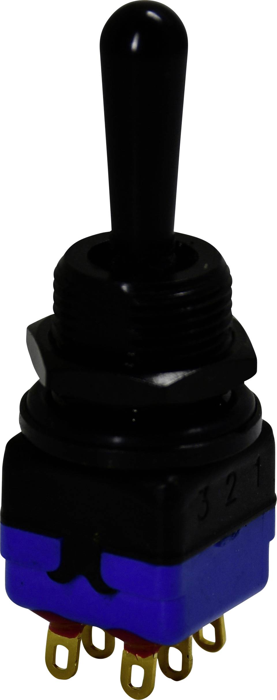 Ein schwarzer Kippschalter mit blauer Basis und drei Metallkontakten, der in elektronischen Schaltkreisen verwendet wird, aufrecht dargestellt.