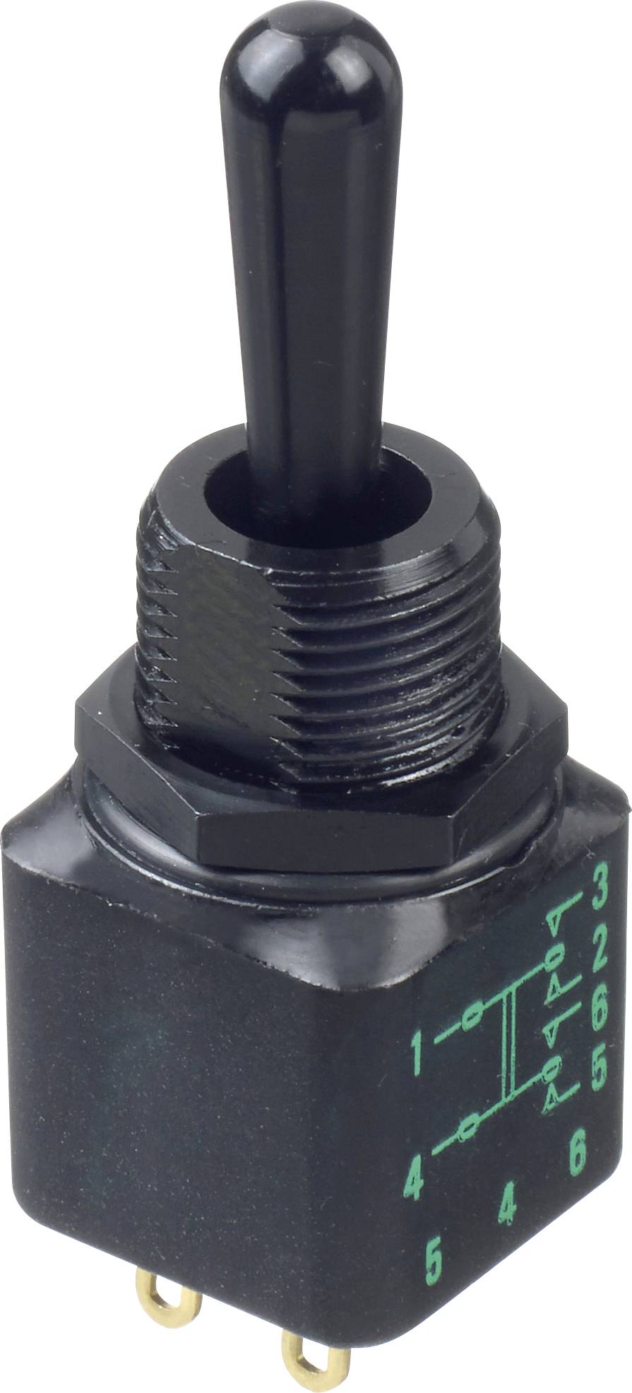 Kippschalter mit schwarzem Hebel, sechs goldenen Metallanschlüssen an der Basis und Schaltplansymbolen an der Seite für elektrische Verbindungen.