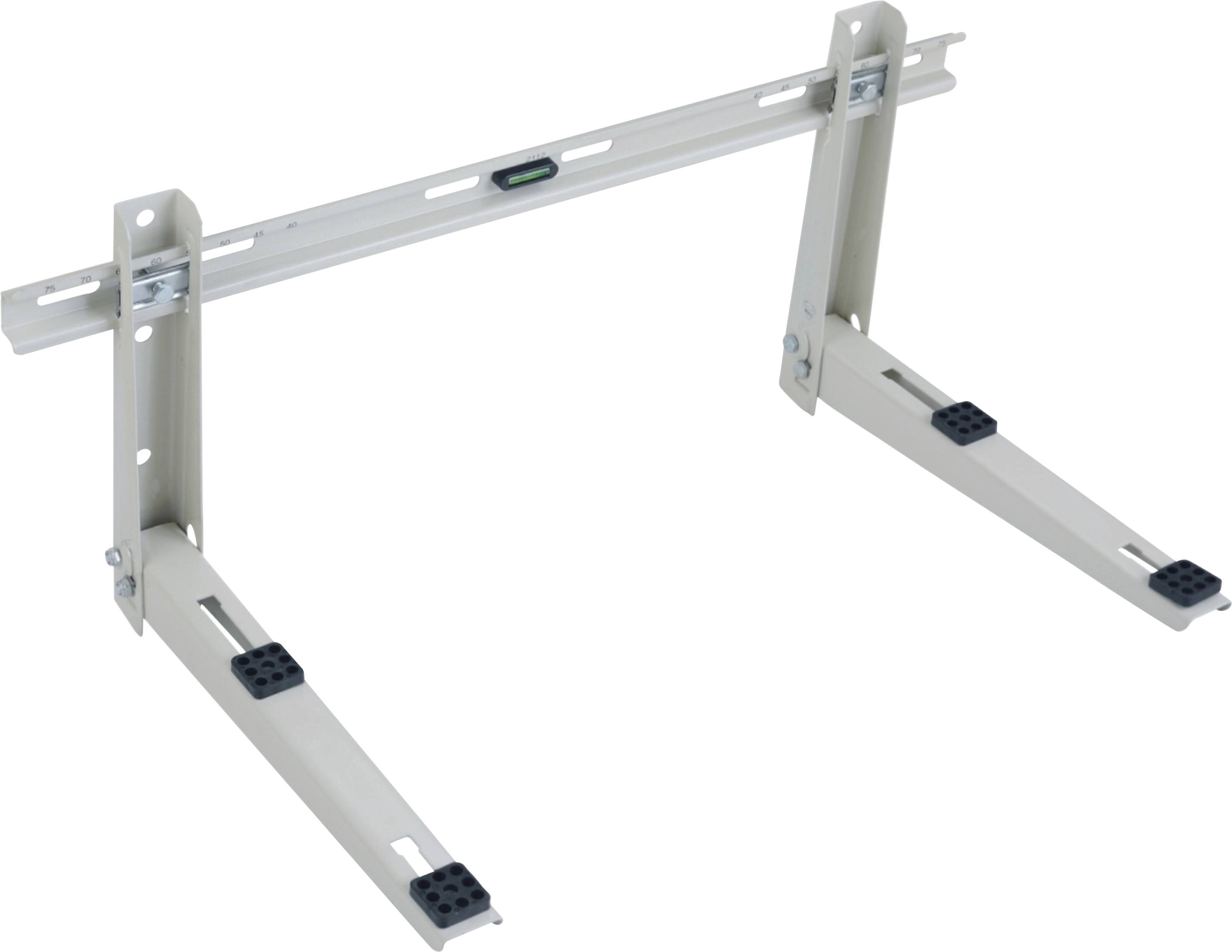 Verstellbare Metallstützhalterung mit zwei Armen und einer Wasserwaage, verwendet zur Montage von Klimaanlagen oder ähnlichen Geräten.