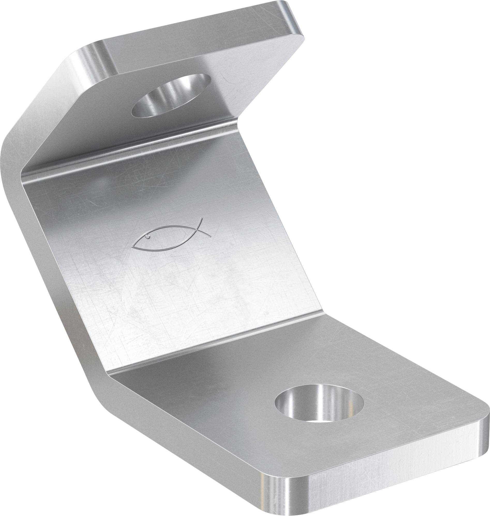 Eine Metallhalterung mit abgerundeten Kanten und zwei Löchern, mit einem eingraviertem Symbol, das einem Fisch auf seiner flachen Oberfläche ähnelt.