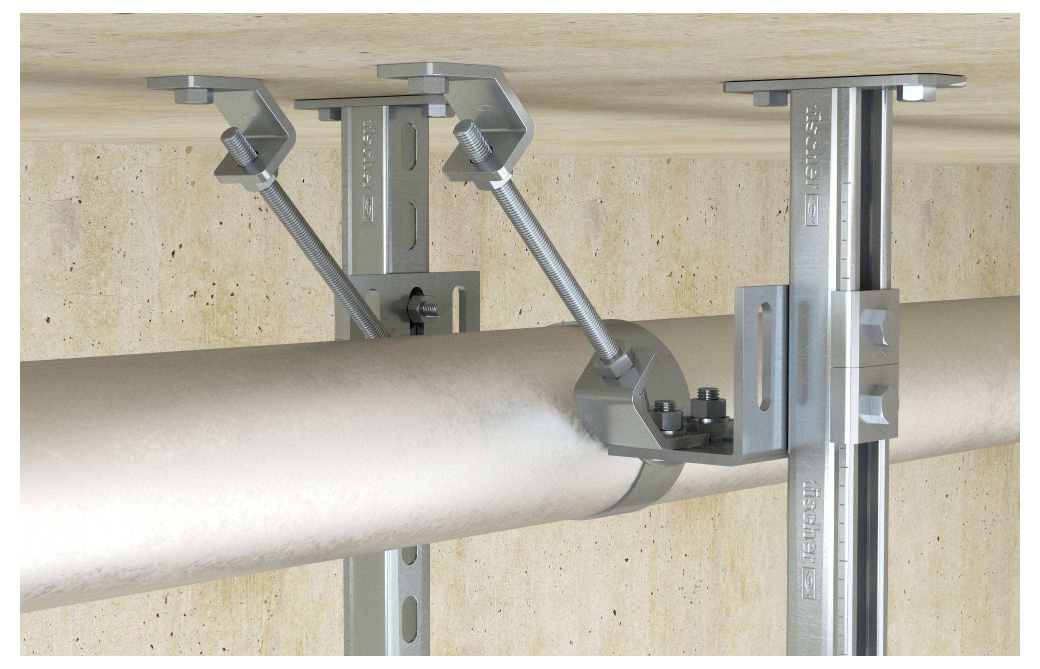 Rohrstützungssystem mit verstellbarem Halter und zwei geneigten Stabilisierungsstangen, die an einem Metallrahmen an einer strukturierten Wand befestigt sind.