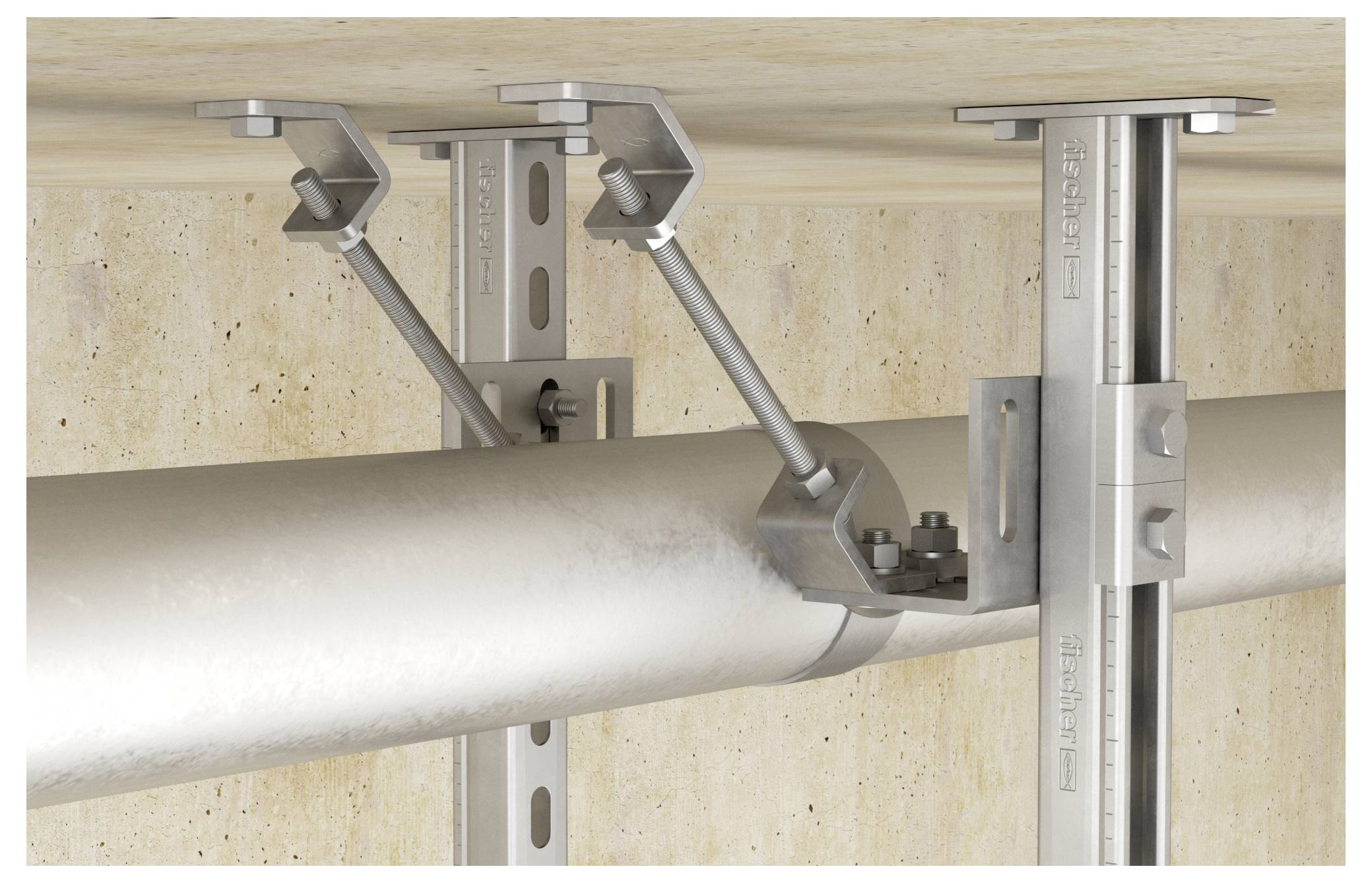 Rohrklammernsystem mit Metallstützen, die an einer Decke befestigt sind, mit verstellbaren Stangen und Bolzen für Stabilität in industriellen Umgebungen.