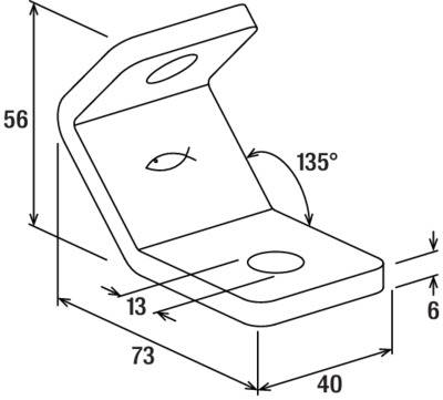 Ein 3D-Schaltplan einer Metallhalterung mit einem 135-Grad-Winkel, mit beschrifteten Abmessungen: 56, 73, 40, 13, 6 mm und zwei kreisförmigen Löchern.