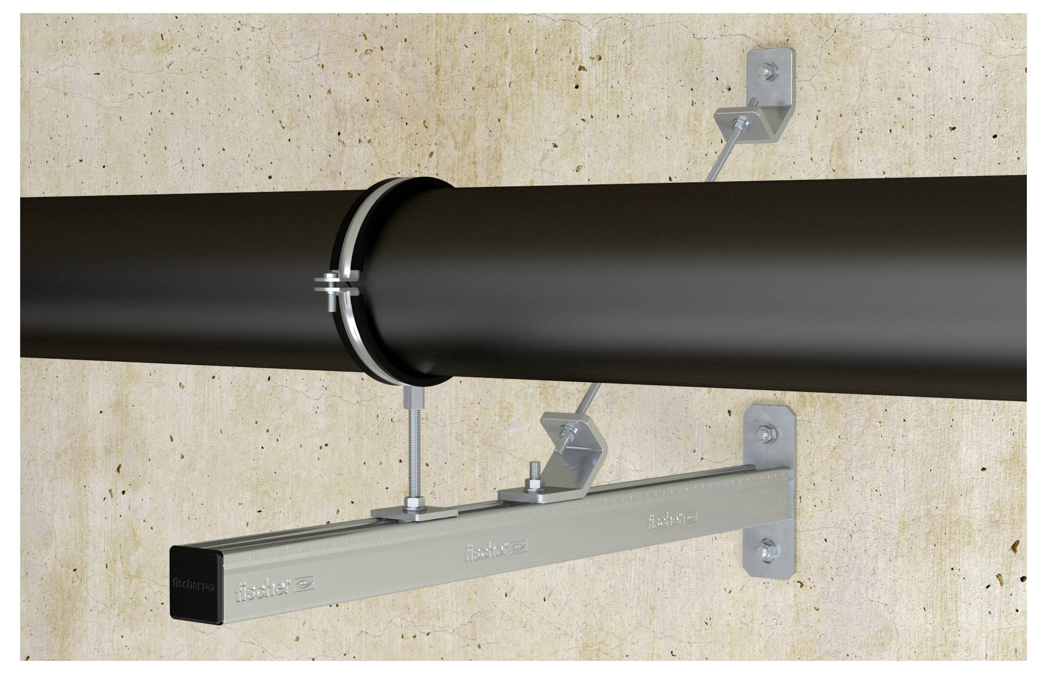 Ein dunkles Metallrohr, das von einem an der Wand befestigten Klammersystem gestützt wird, mit Stabilisierungsstangen für sichere Installation.