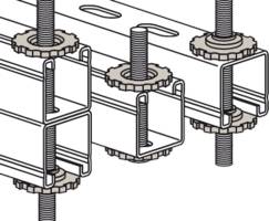 Diagramm zeigt drei Metallbalken, die mit zahnradähnlichen Mechanismen und vertikalen Gewindestangen verbunden sind, und illustriert eine Montage- oder Stützstruktur.