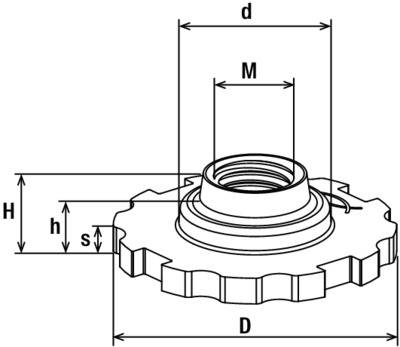 Eine technische Zeichnung eines mechanischen Zahnrads mit beschrifteten Abmessungen: Gesamtdurchmesser (D), Innendurchmesser (d und M) und Höhen (H, h, s).