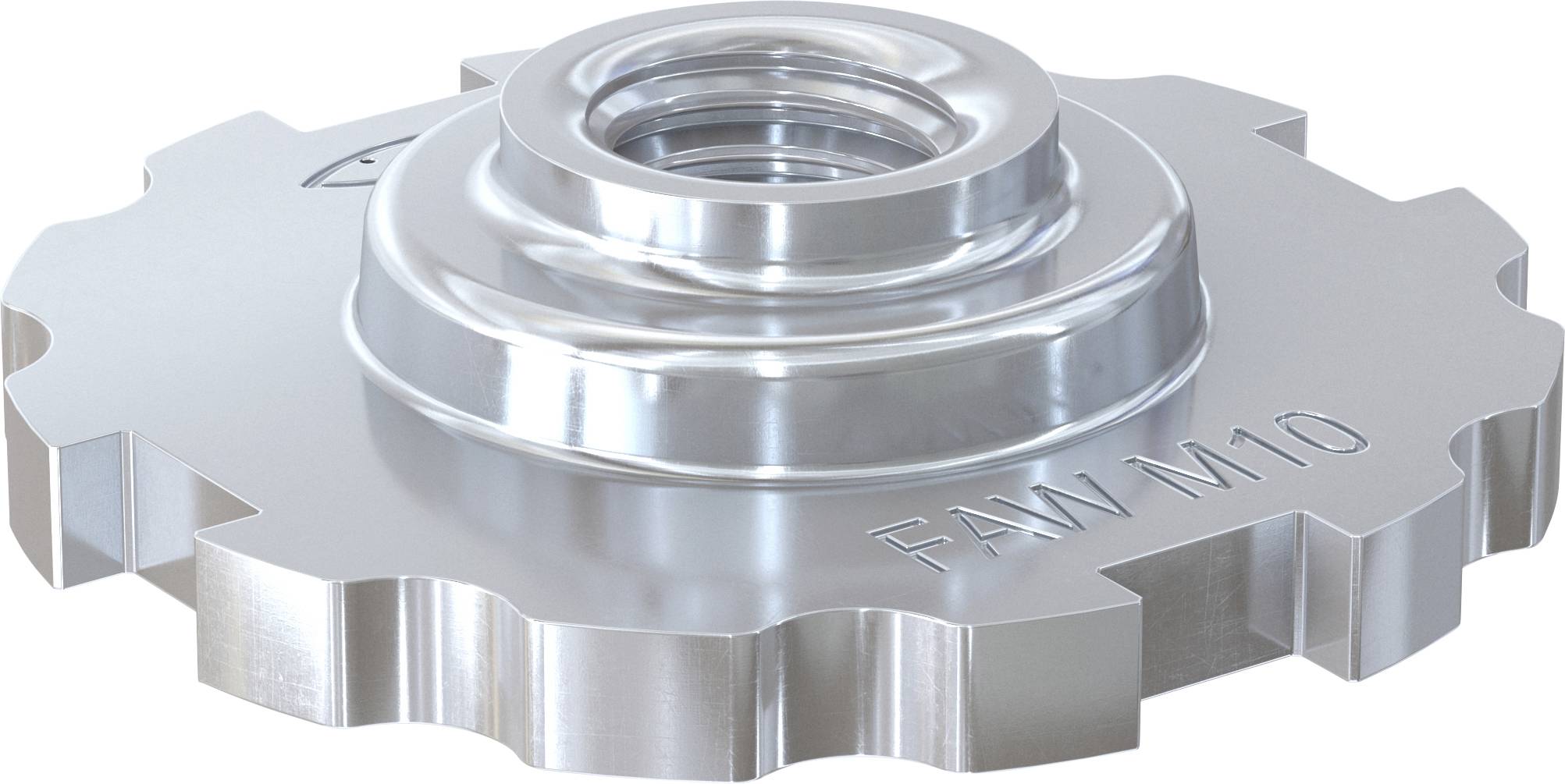 Eine Metallkomponente in Form eines zahnradähnlichen Bauteils mit einem zentralen Gewindeloch und Gravuren mit der Beschriftung FAW M10, die einen metallischen Glanz aufweist.
