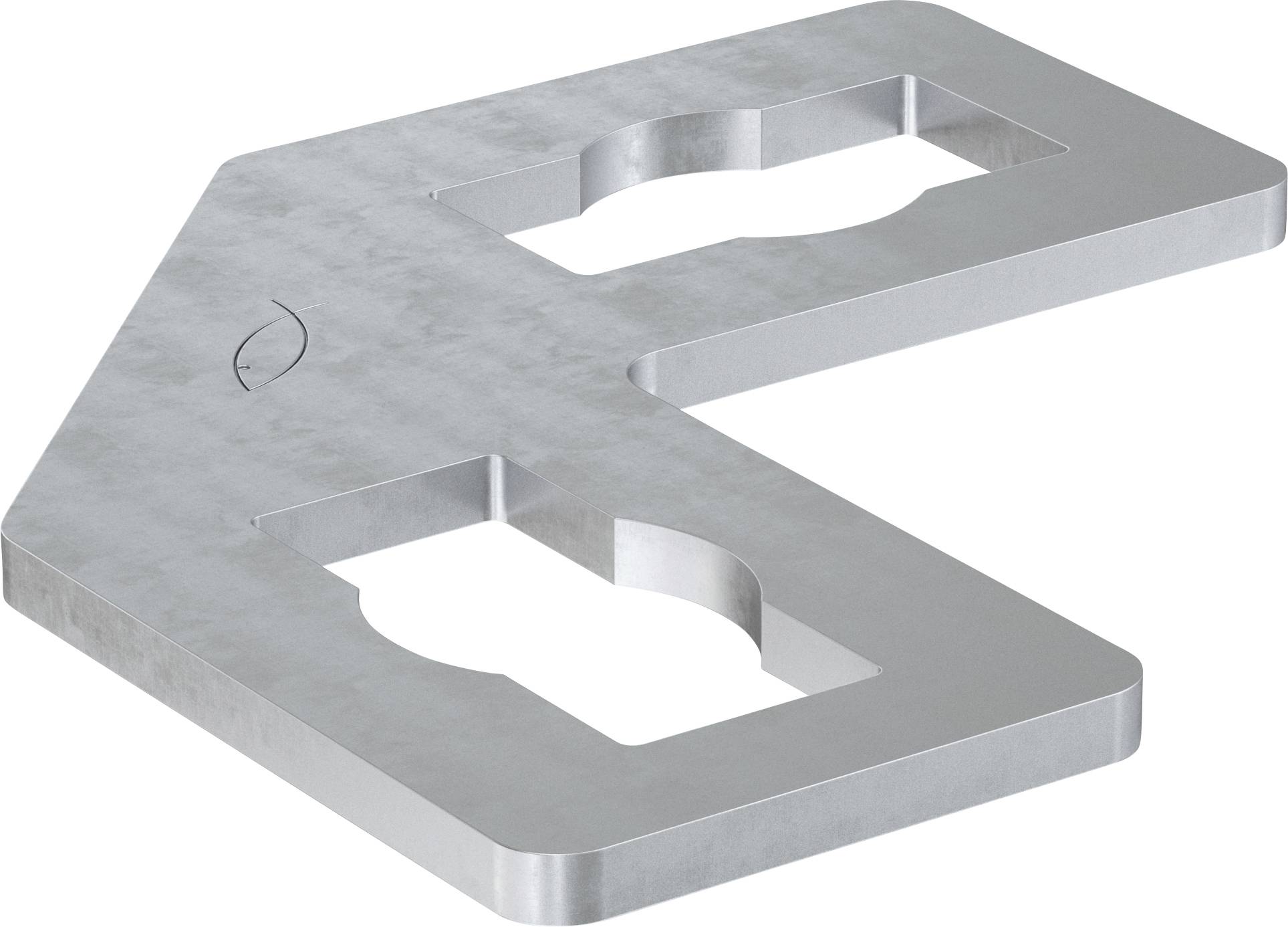 Ein flaches, metallisches Winkelblech mit zwei L-förmigen Ausschnitten und einer abgeschrägten Kante. Entwickelt für strukturelle Unterstützung oder Verbindung.