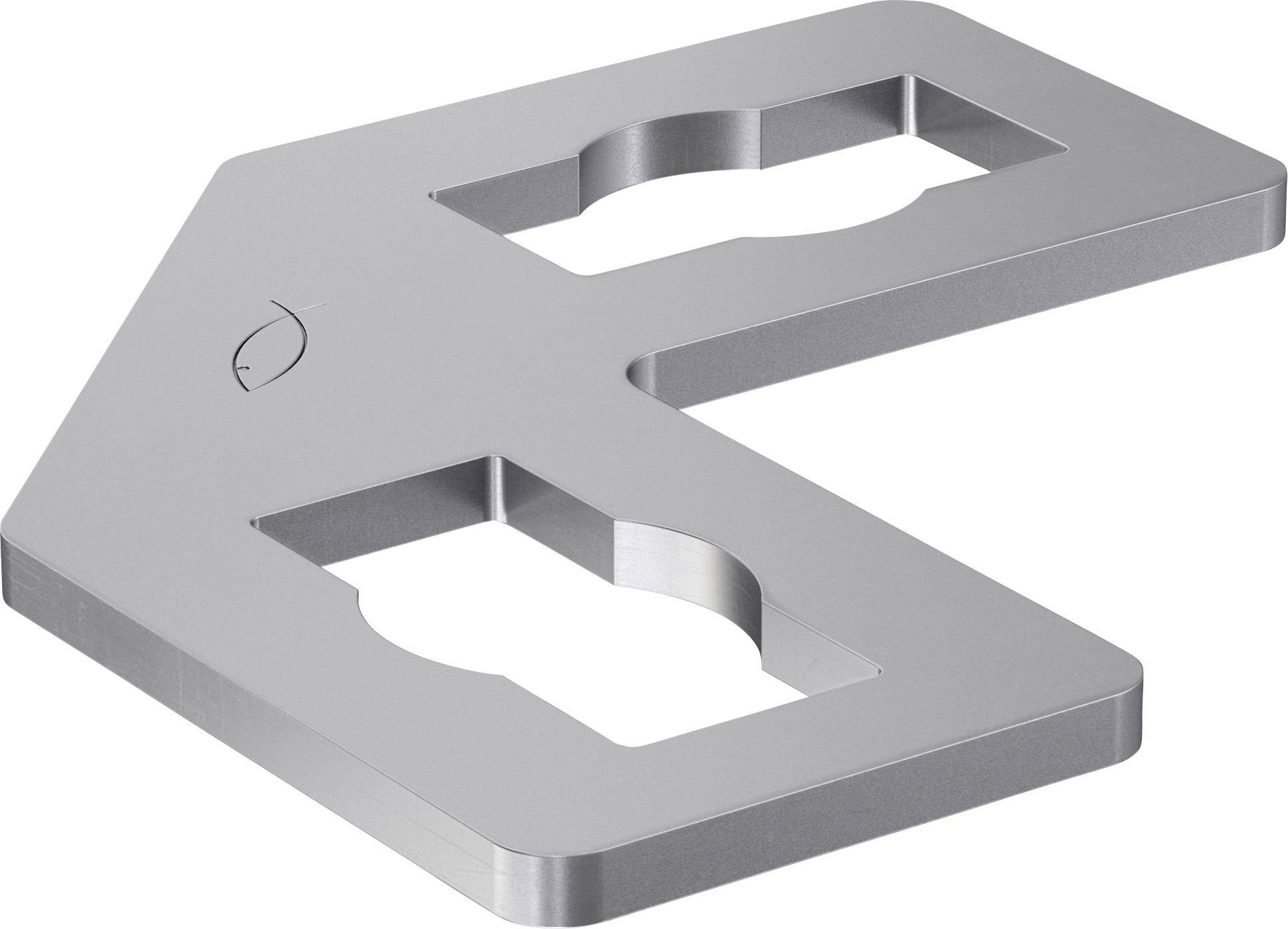 Eine silberne, L-förmige Metallklammer mit zwei Ausschnitten zur Montage. Das Design der Klammer deutet darauf hin, dass sie zum Verbinden oder Zusammenfügen von Teilen verwendet wird.