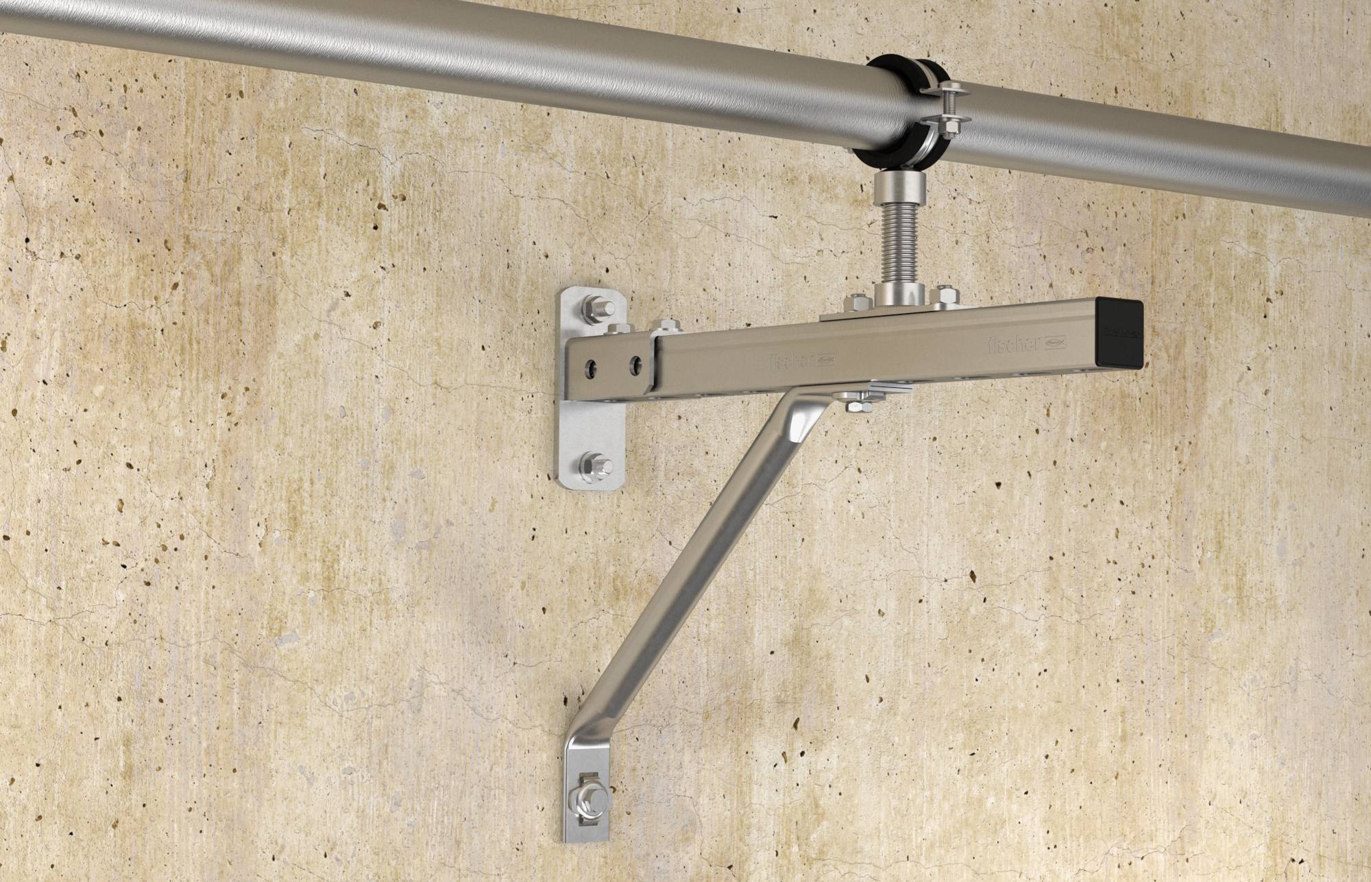 Ein Metallrohr ist horizontal von der Decke aufgehängt, mit einer Halterung und zwei schwarzen Schellen gesichert. Der Hintergrund ist eine schlichte, beigefarbene Wand.