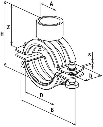 Technische Zeichnung einer Rohrschelle mit beschrifteten Abmessungen: A, B, D, H, Z, b, s. Sie zeigt Schraube, Bolzen und Lastträgerstruktur.