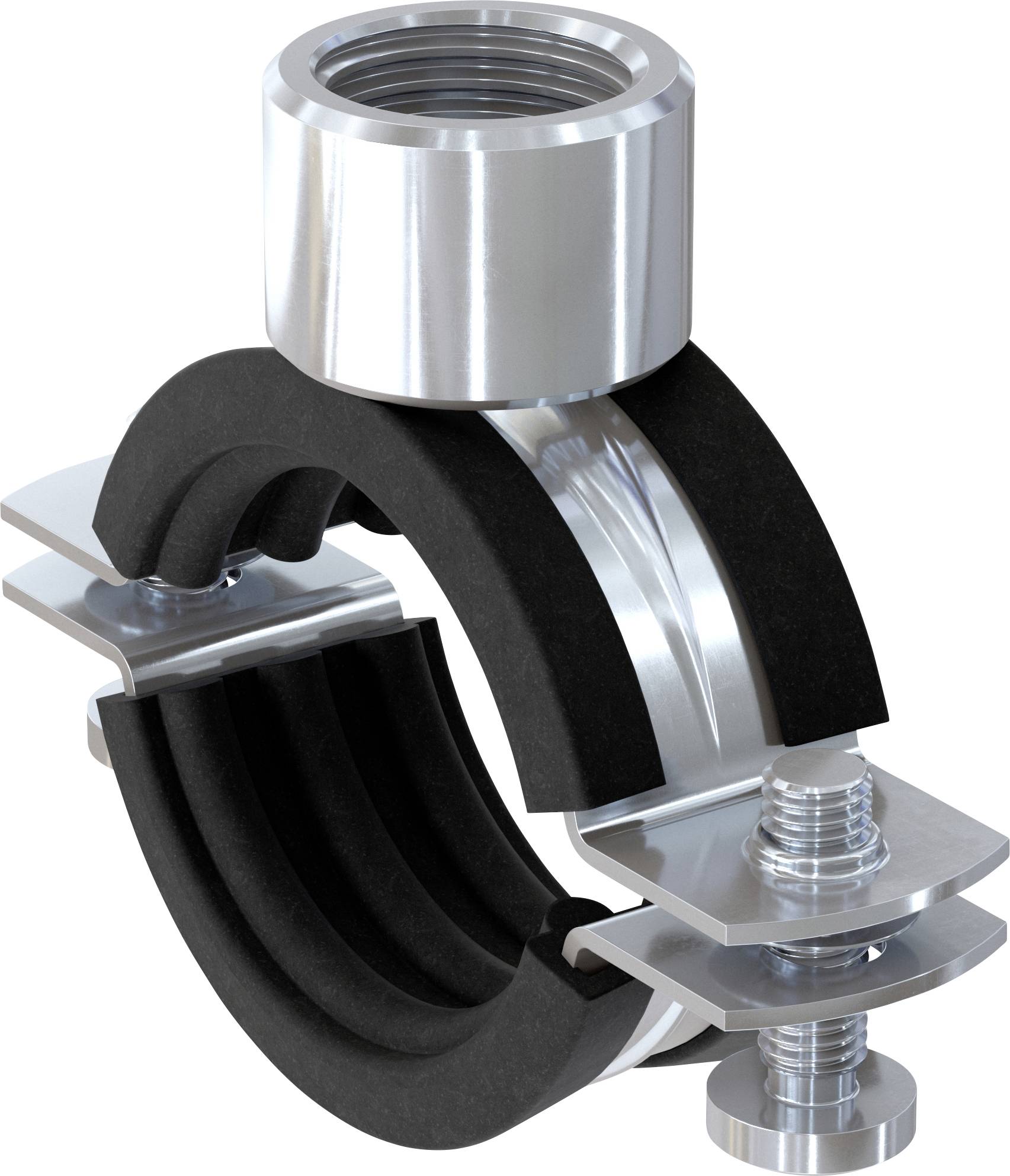 Eine Metallrohrklemme mit Gummiauskleidung, die mit einem Schraubenmechanismus zum Festziehen ausgestattet ist und zum Befestigen von Rohren verwendet wird.