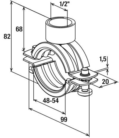 Isometrische Zeichnung einer Rohrschelle mit Abmessungen: Breite 48-54, Höhe 82, Tiefe 99. Einschließlich Details der Gewindeschraube und markiertem Durchmesser '1/2'.