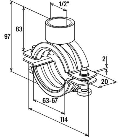 Technische Zeichnung einer Rohrschelle mit Maßangaben: Höhe 97mm, Breite 114mm, verstellbarer Innendurchmesser 63-67mm und 1/2