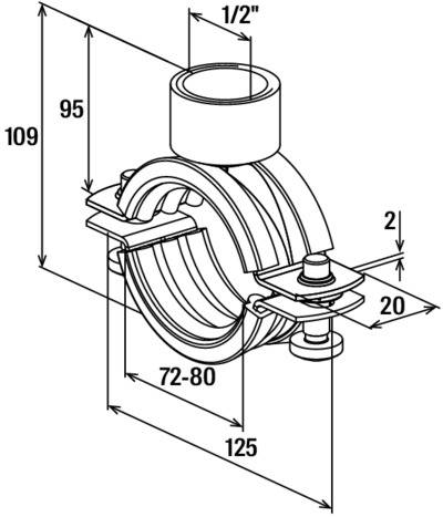 Technische Zeichnung einer Rohrschelle mit Abmessungen: 125mm Länge, 109mm Gesamthöhe, 72-80mm Durchmesser und 1/2 Zoll Oberteil.