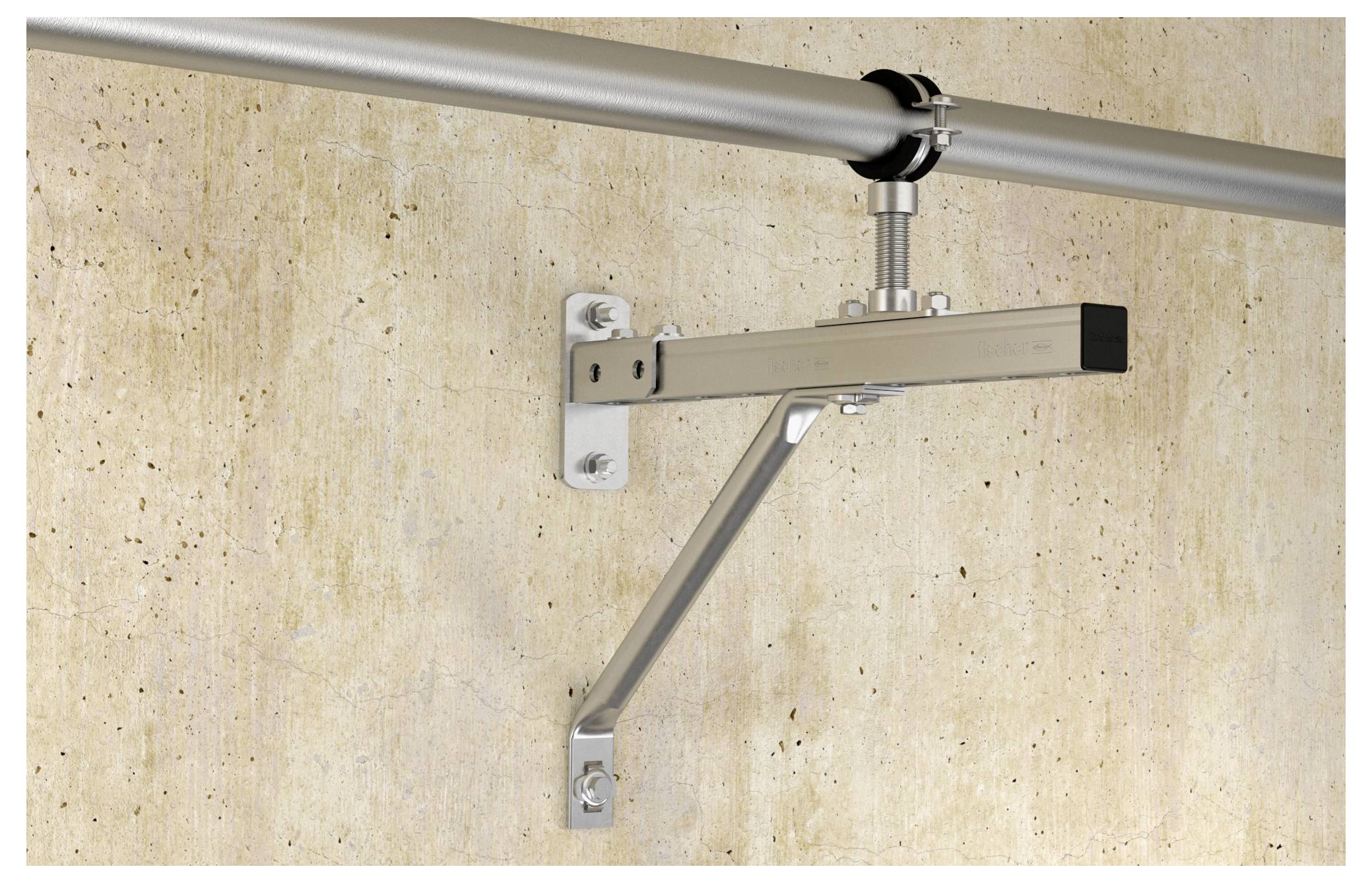 Metallhalterung an der Wand montiert, die zwei horizontale Stangen trägt und die Installation von Industriehardware demonstriert.