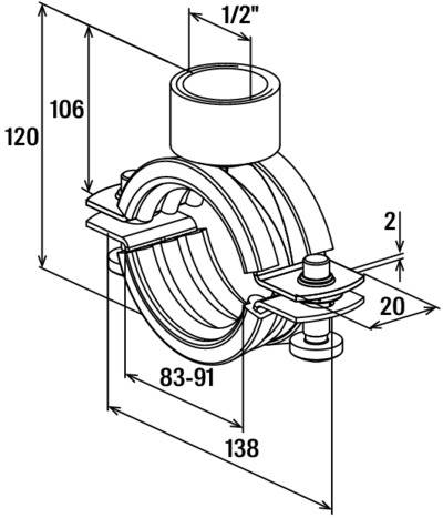 Eine technische Zeichnung einer Rohrschelle mit Abmessungen: 106 Höhe, 138 Breite, Innendurchmesserbereich 83–91, 1/2 Zoll Oberflächendetail, 20 und 2 Messungen an der Seite.