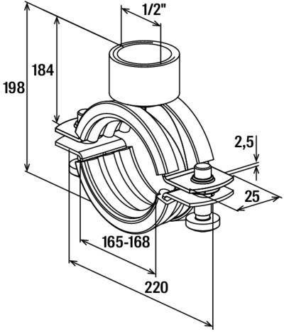 Technische Zeichnung einer Rohrhalterungsklemme mit Abmessungen: 198 mm Höhe, 220 mm Breite, verstellbarer Durchmesser von 165–168 mm und einem 1/2