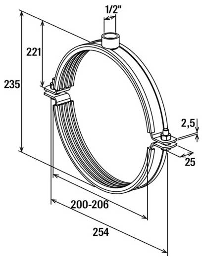 Ein technisches Diagramm einer kreisförmigen Rohrschelle mit markierten Abmessungen: Durchmesser 254 mm, Breite 25 mm, Höhe 235 mm, verstellbar von 200-206 mm.