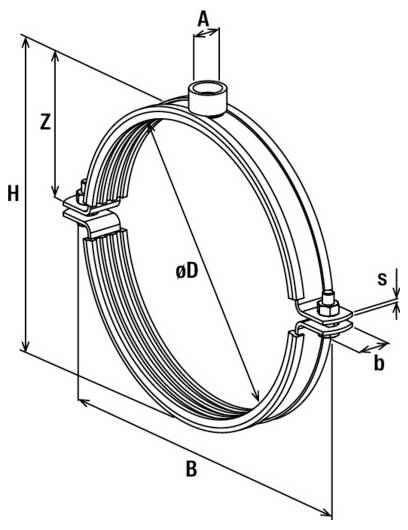 Technisches Diagramm einer runden Metallschelle mit Durchmesser 'ØD'. Die Abmessungen umfassen Höhe 'H', Breite 'B', Abstand 's' und Dicke 'b'. Oberer Teil gekennzeichnet mit 'A' und vertikale Linie gekennzeichnet mit 'Z'.