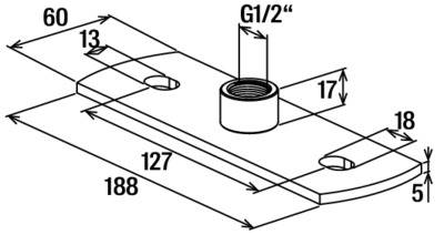Maßzeichnung einer Metallhalterung mit verschiedenen Abmessungen in Millimetern, einschließlich eines G1/2