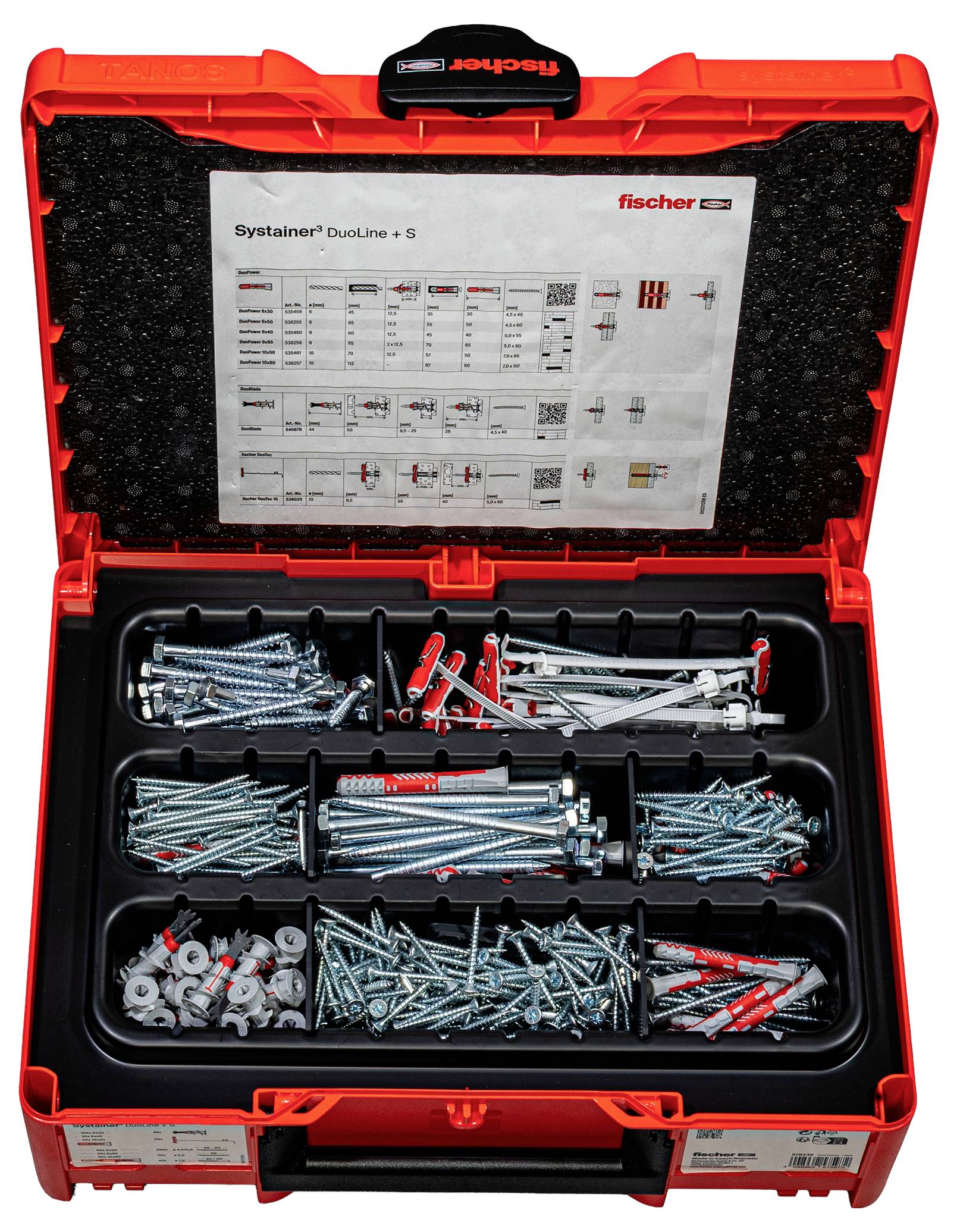 Eine rote Werkzeugkiste mit verschiedenen Schrauben und Dübeln, die in Fächern organisiert sind, mit einer Anleitung auf der Innenseite des Deckels.