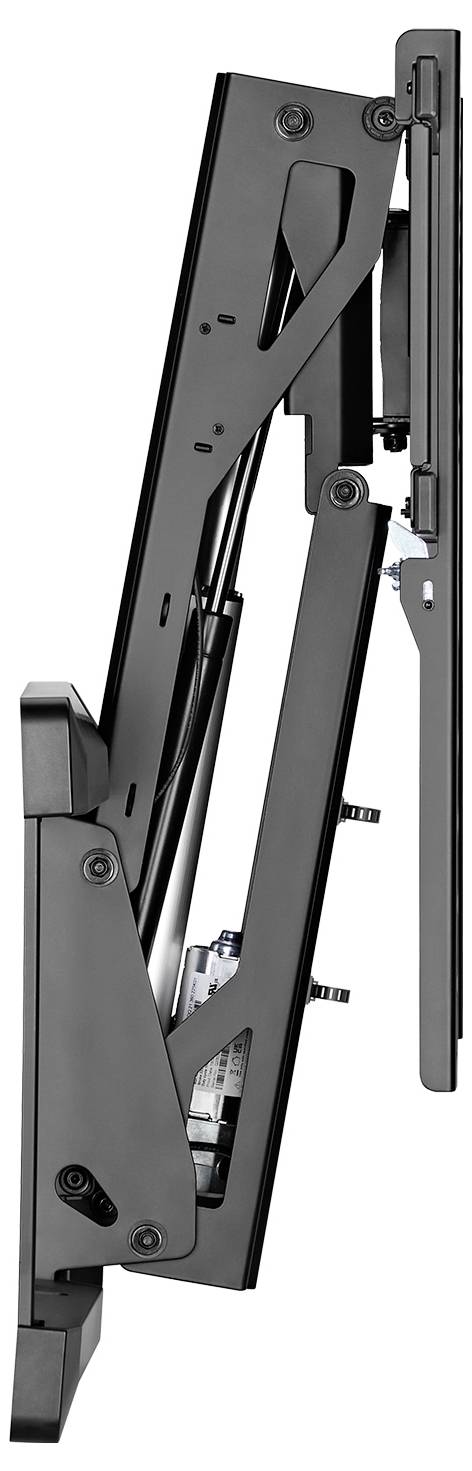 Eine Seitenansicht einer mechanischen Armkomponente, die ihre komplizierte Struktur und Gelenke zeigt, möglicherweise Teil eines Hub- oder Stützsystems.