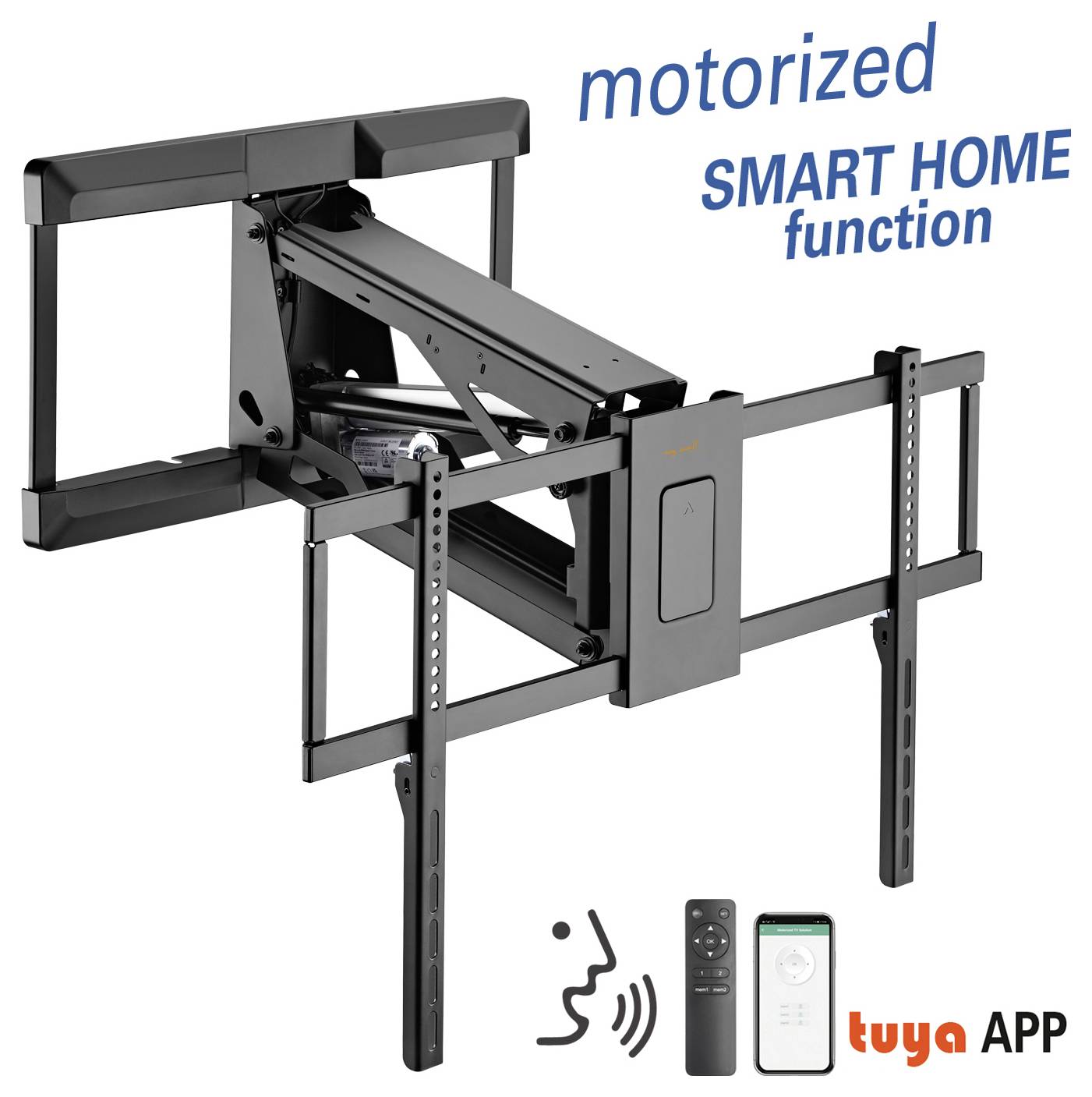 Motorisierte TV-Wandhalterung mit Smart-Home-Funktion; beinhaltet Sprachsteuerung, Fernbedienung und Tuya-App-Kompatibilität.
