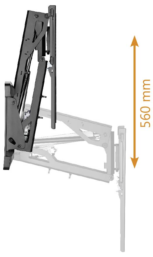 Wandmontageklammer, die sich 560 mm vertikal erstreckt, in zwei Positionen gezeigt: ausgeklappt und eingeklappt.