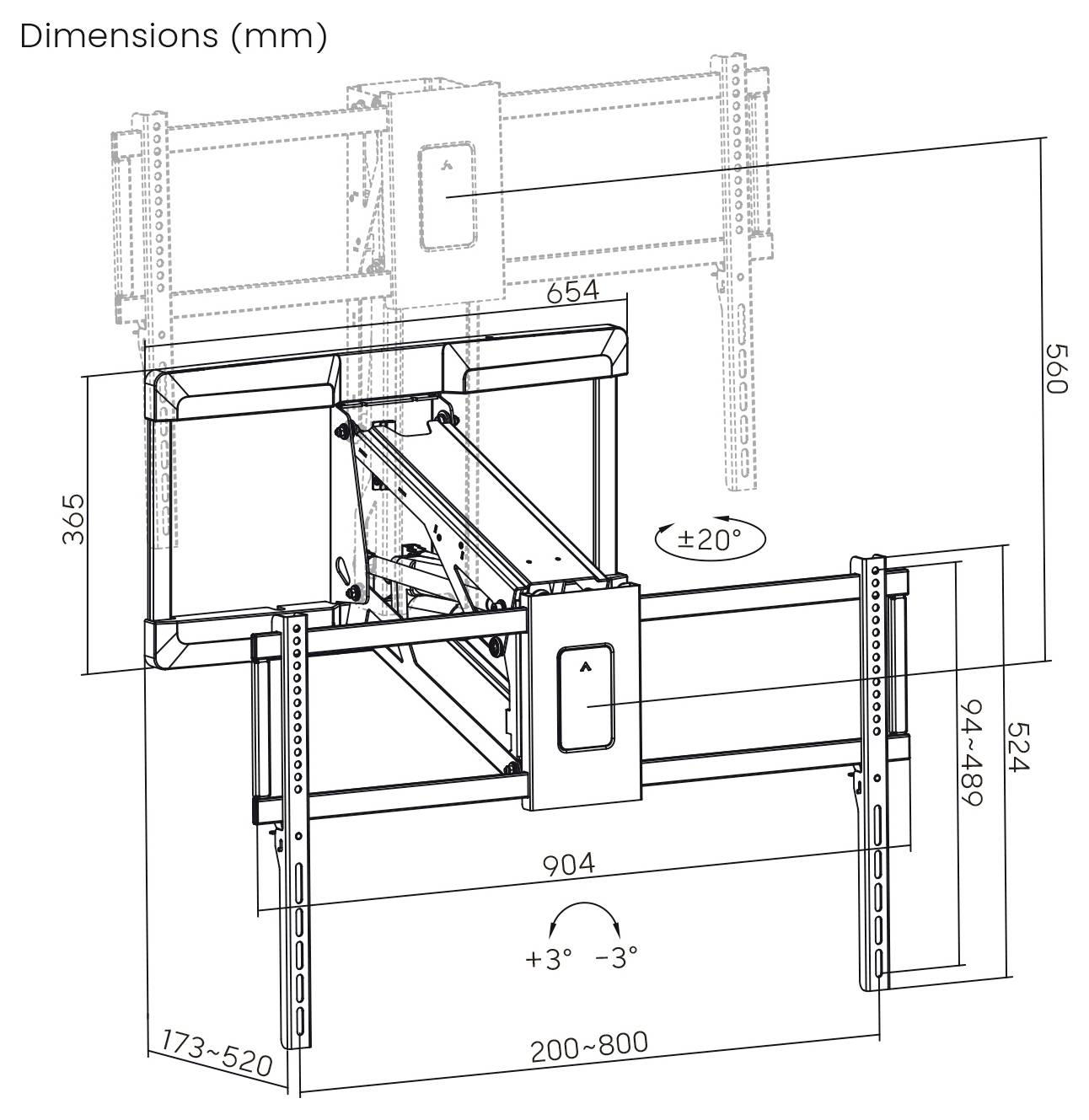 Ein verstellbares TV-Wandhalterungsdiagramm mit den Abmessungen: Breite 904mm, Höhe 560mm, Tiefe 173-520mm. Neigungsbereich ±20°, Schwenkbereich ±3°.