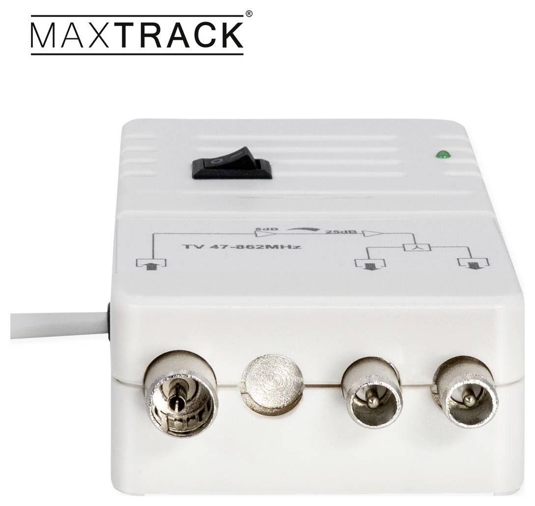 Ein weißer MAXTRACK Fernsehsignalverstärker mit mehreren Anschlussanschlüssen, einem Eingabeschalter und gekennzeichnet mit 