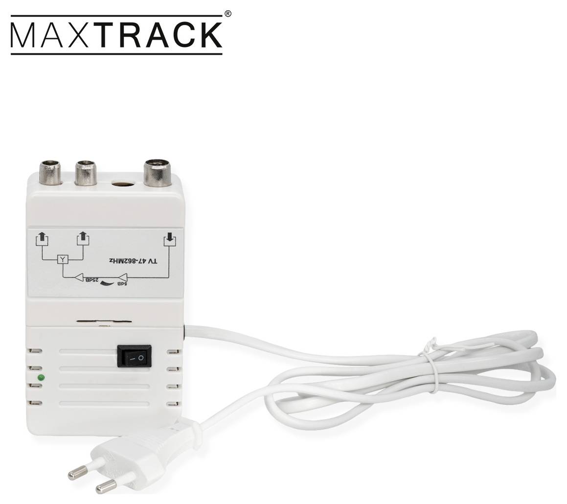 Ein weißes elektronisches Gerät mit zwei koaxialen Eingängen und einem Stromkabel, gekennzeichnet mit „MAXTRACK
