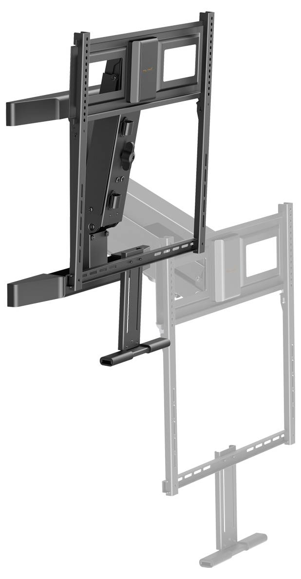 Wandmontageverstellbarer Halter für große Displays, dargestellt in zwei Positionen: ausgefahren und eingezogen. Schwarzer Metallrahmen mit Befestigungspunkten.