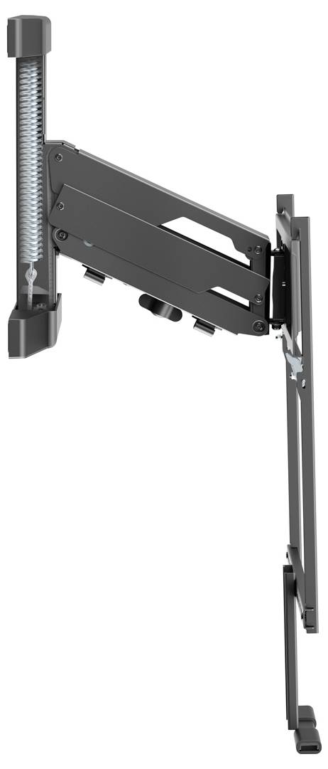 Eine Flachbildfernseh-Wandhalterung mit verstellbarem Arm und eleganter schwarzer Oberfläche, von der Seite abgebildet, um die Neig- und Ausziehfunktionen zu illustrieren.