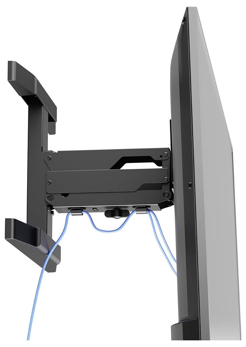 Ein an einer verstellbaren Wandhalterung montierter Flachbildfernseher ragt nach außen, wobei blaue Kabel an der Rückseite für Stromversorgung und Datenübertragung angeschlossen sind.