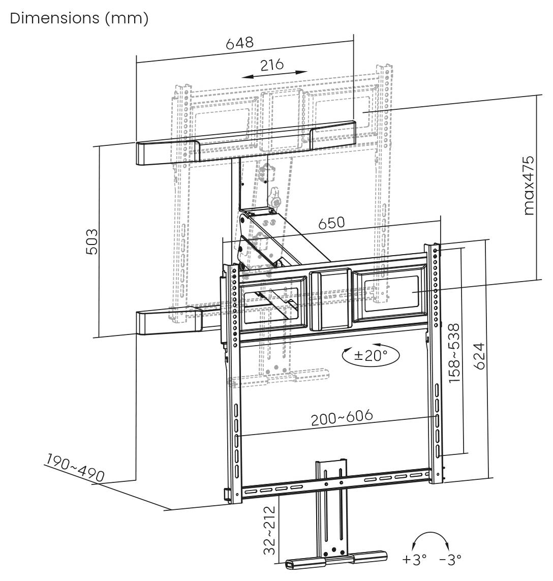 Ein technisches Diagramm einer TV-Wandhalterung mit detaillierten Abmessungen in Millimetern: Breite 648, verstellbare Reichweite 190-490 und Neigungswinkel ±20 Grad.