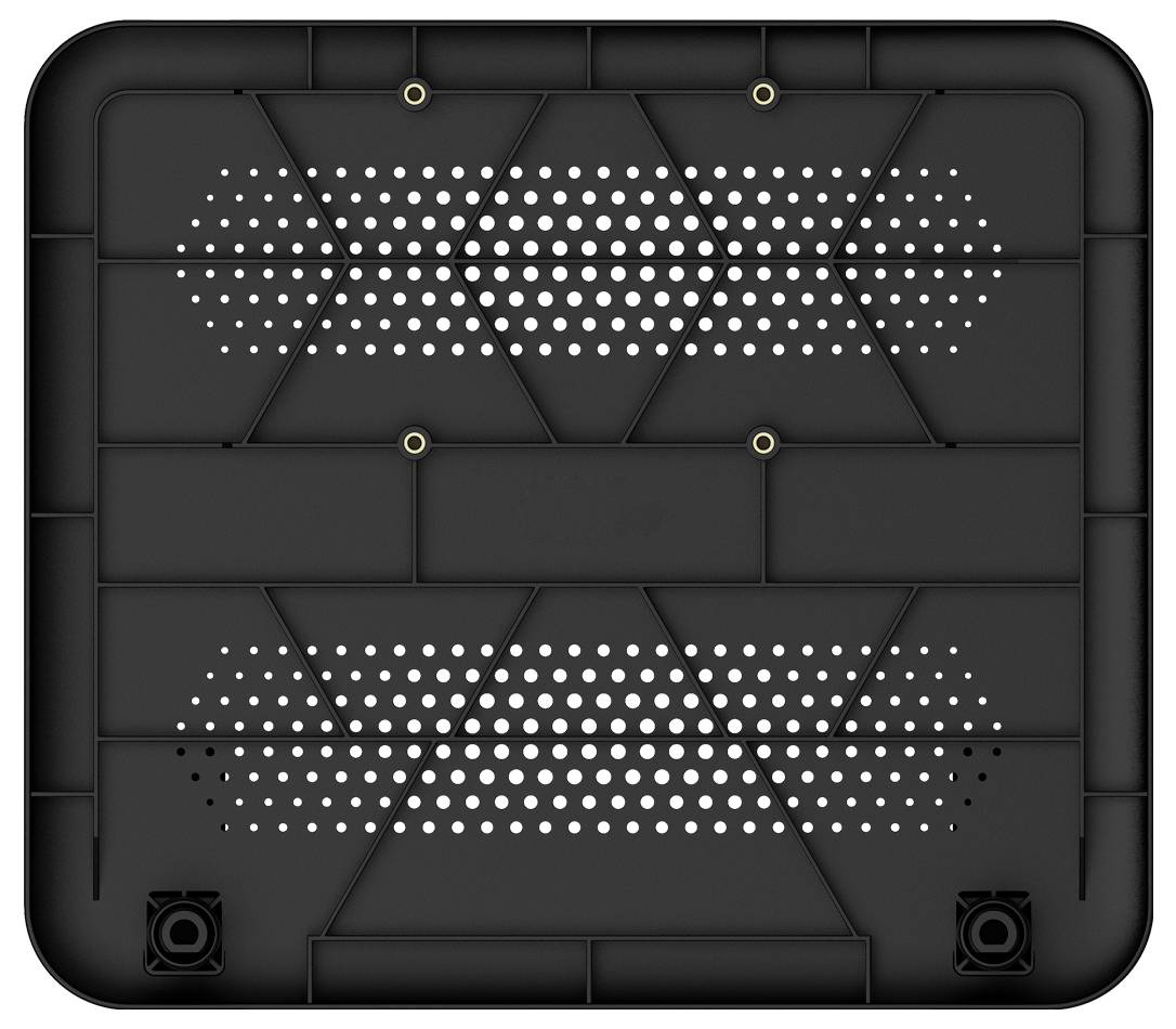 Das Bild zeigt die Unterseite eines schwarzen Laptop-Kühlpads mit einer perforierten Oberfläche, die für verbesserte Luftzirkulation und Gerätekühlung konzipiert ist.