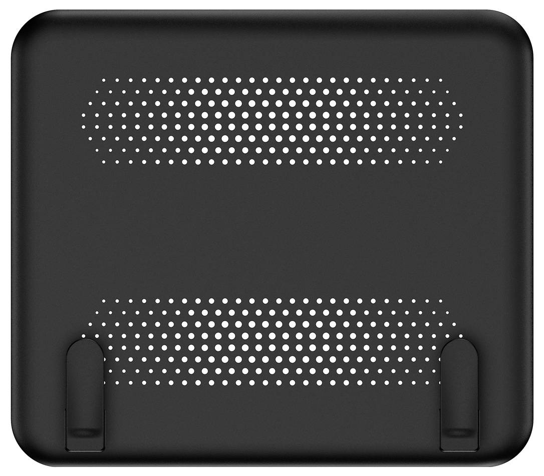 Schwarzer Laptop-Ständer mit belüfteter Bauweise und verstellbaren Stützflügeln, geeignet zum Kühlen und Erhöhen von Laptops für ergonomische Nutzung.