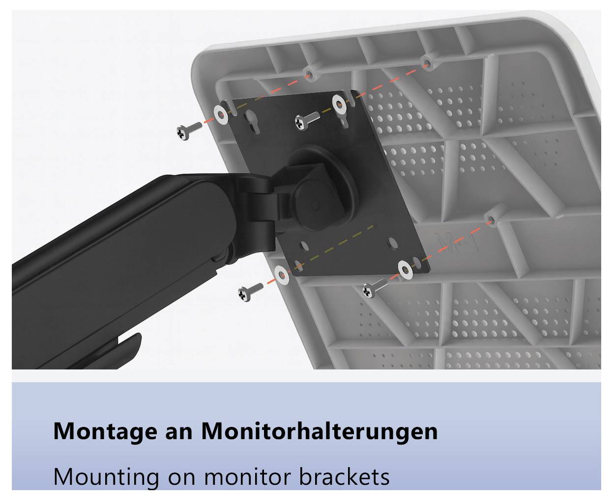 'Montage an Monitorhalterungen' zeigt eine Illustration einer Monitorarm-Befestigung an einem Bildschirm und hebt Schrauben und Halterungsplatzierung hervor.