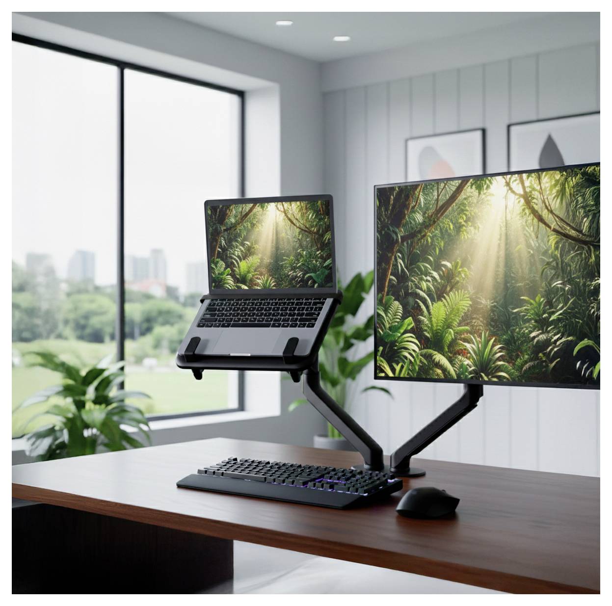 Ein moderner Arbeitsplatz mit einem Laptop und Monitor auf einem Holzschreibtisch, auf dem ein Waldbild angezeigt wird. Eine Tastatur und Maus sind darunter positioniert.