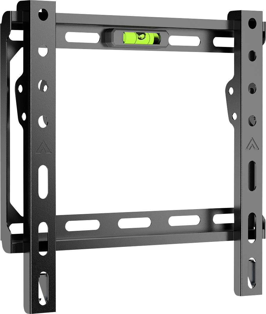 Eine schwarze Metall-Wandhalterung für Fernseher mit integrierter grüner Wasserwaage, entwickelt für Flachbildfernseher, dargestellt isoliert auf weißem Hintergrund.