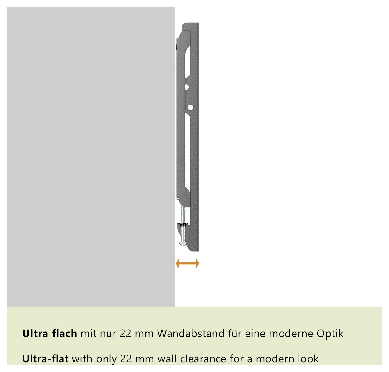 Eine Seitenansicht einer schlanken TV-Wandhalterung mit einem 22-mm-Abstand zur Wand, die ihr ultra-flaches, modernes Design unterstreicht.